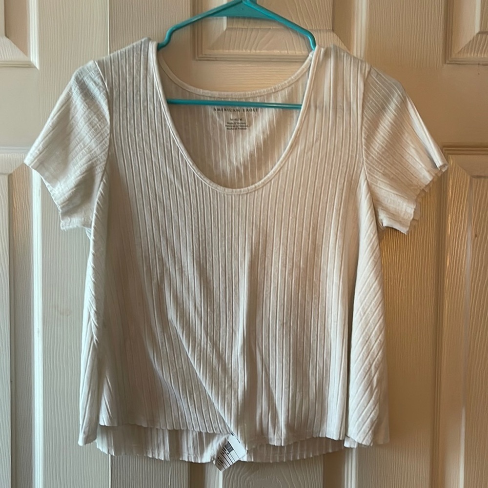 American Eagle Women's White Cropped Short Sleeve Ribbed Shirt